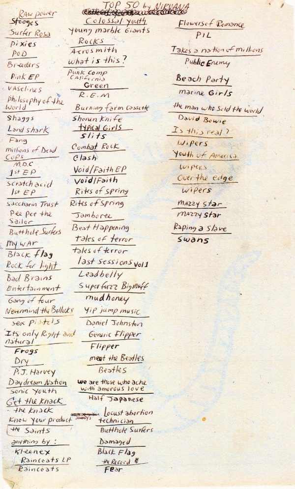 Nirvana Kurt Cobain’s list of his Top 50 albums