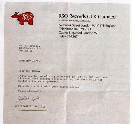 A rejection letter received by U2 in 1979
