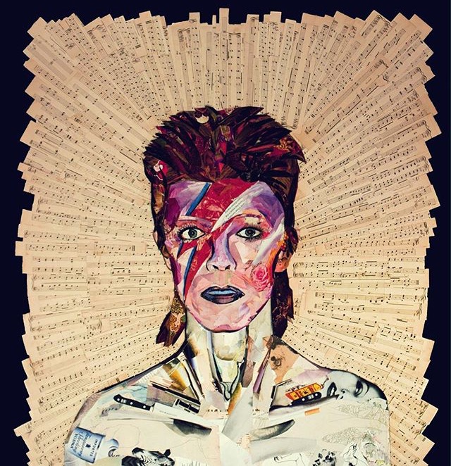 David Bowie collage made from sheet music and magazines clippings - vivianwhiskers