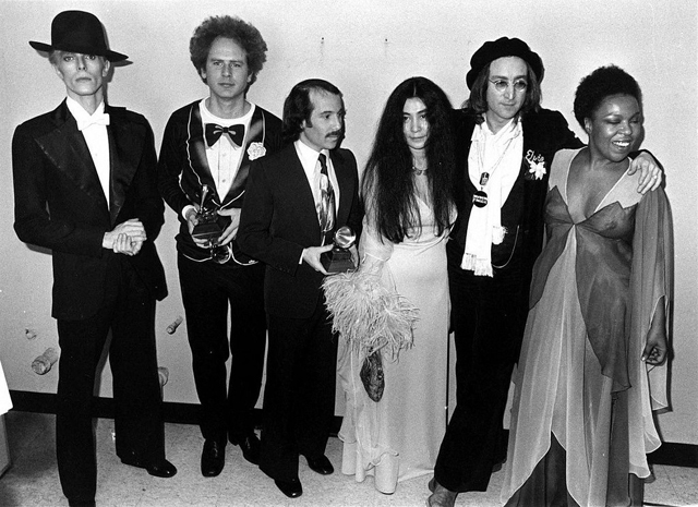 David Bowie, Art Garfunkel, Paul Simon, Yoko Ono, John Lennon and Roberta Flack, NYC, 1975 photo by Bob Gruen