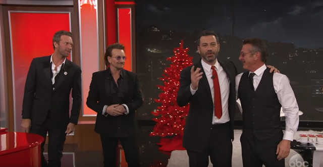 Bono and Chris Martin Sing 'One for My Baby' with Sean Penn Cameo - Jimmy Kimmel Live