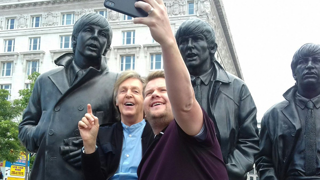 Paul McCartney and James Corden at the Beatles statue in Liverpool