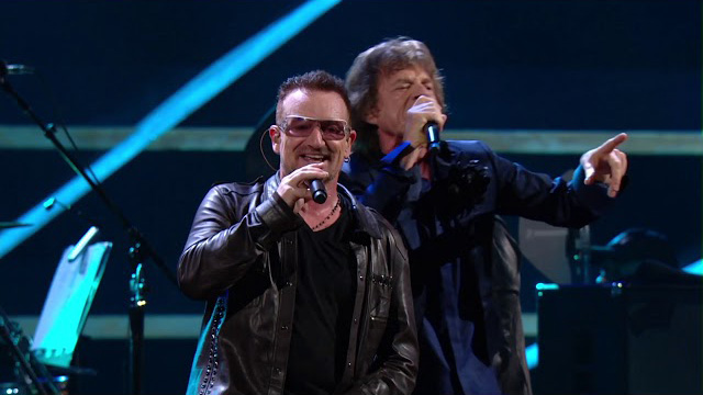 U2 and Mick Jagger at the 25th Anniversary concert.