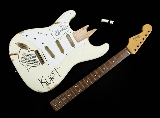KURT COBAIN STAGE PLAYED AND SMASHED GUITAR SIGNED BY NIRVANA