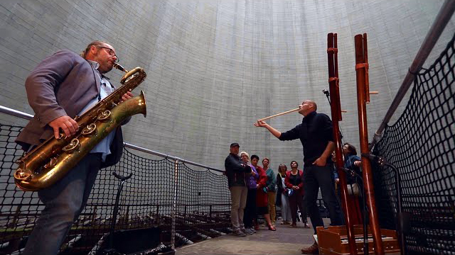Testing the Sound Inside a Huge Coolingtower! Baritone Saxophone and Overtone flute Duo Improv