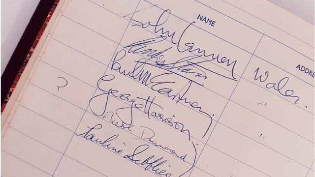 Hardback writers: John Lennon, Paul McCartney, George Harrison and Ringo Starr signed into Birmingham's Grand Hotel in 1965 (c)FIELDINGS AUCTIONEERS