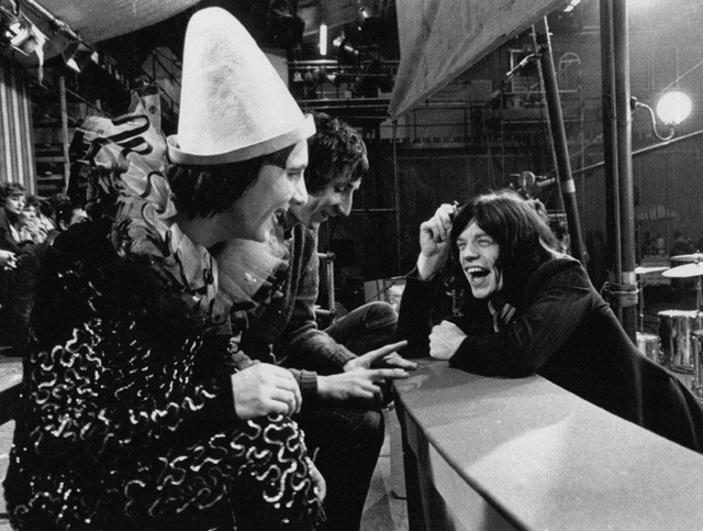 Keith Moon, Pete Townshend and Mick Jagger at the Rock N Roll Circus, 1968.