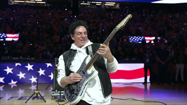 Journey's Neal Schon performs the National Anthem during Game 1 of the 2022 NBA Finals
