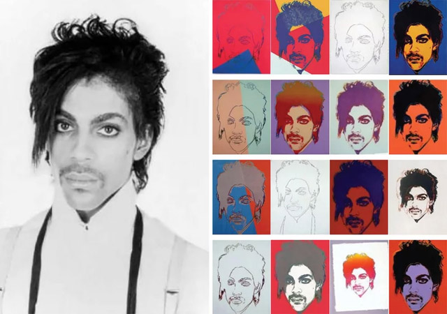 A portrait of Prince taken by Lynn Goldsmith (left) in 1981 and 16 silk-screened images Andy Warhol later created using the photo as a reference - Collection of the Supreme Court of the United States