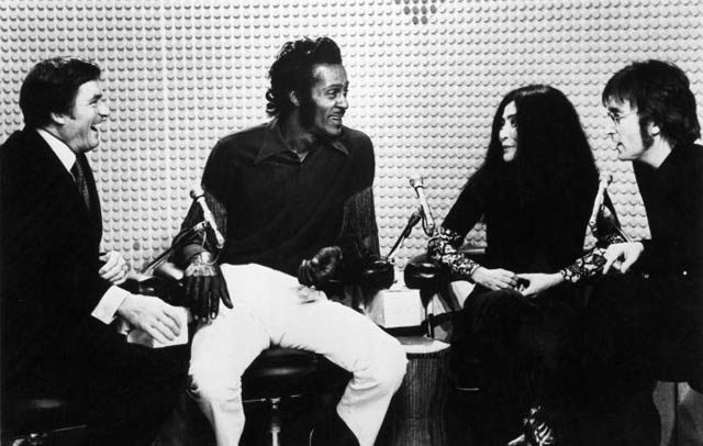 John Lennon and Yoko Ono co-host The Mike Douglas Show with guest Chuck Berry, February 1972. (Photo by Michael Leshnov/Michael Ochs Archives/Getty Images)