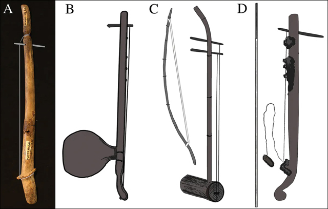 デジタル処理でペグと弦を追加した2,000年前の楽器（A）と、他のベトナムの楽器（B、C、D）を比較したもの　Illustration and photos: Fredeliza Campos