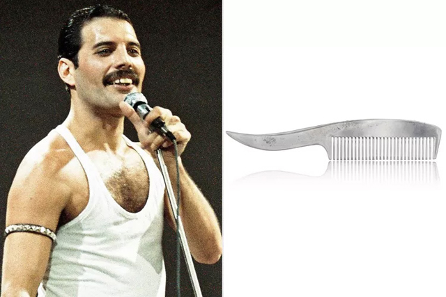 Freddie Mercury's silver Tiffany & Co moustache comb. PHOTO: PETE STILL/REDFERNS; COURTESY OF SOTHEBY'S