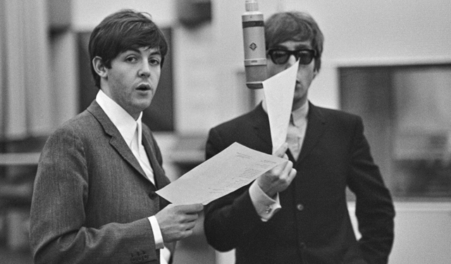 Ringo Starr - The Photograph Portfolio 2024 - Studio 2 - Paul and John with typeset song lyrics, recording at Abbey Road Studios, London, 1964.