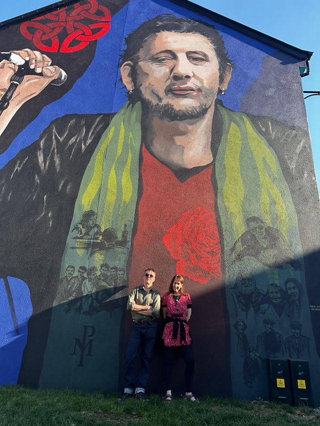 Spider Stacy and Siobhan MacGowan at the Shane MacGowan mural in Nenagh. Photo: Louise Stacy