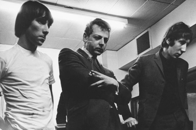 Shel Talmy (centre), The Who’s Keith Moon (left) and Pete Townshend (right) listen to a playback at London’s IBC Studios, October 1965