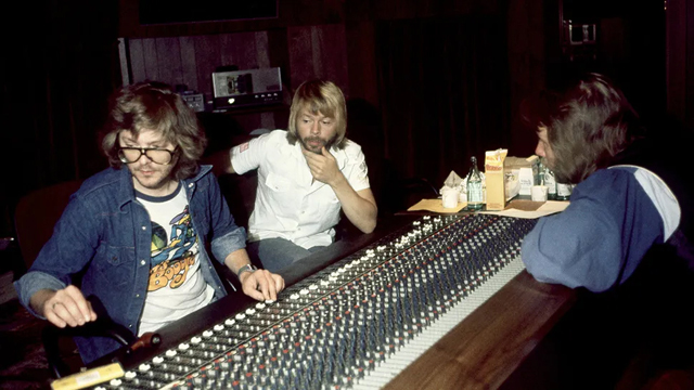 From left to right: Michael B Tretow, Björn Ulvaeus and Benny Andersson at their Polar Studios in Stockholm, Sweden,1977. (Image credit: Oscar Abolafia/TPLP/Getty Images)