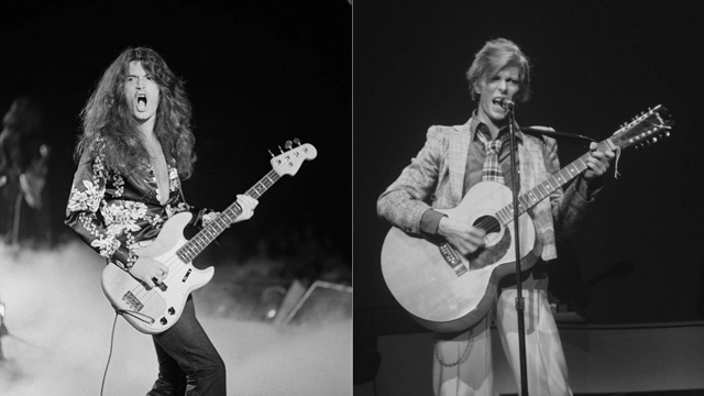 Glenn Hughes and David Bowie, both pictured onstage in 1974 (Image credit: Getty Images)